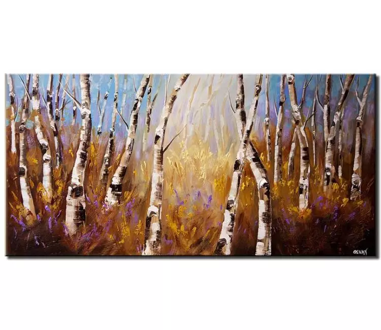 landscape paintings - birch trees painting enchanted forest art on canvas original foggy magical forest textured modern palette knife abstract trees painting