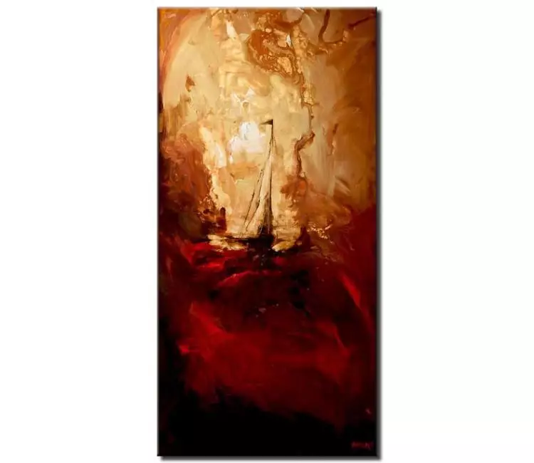 sailboats painting - abstract boat painting on canvas original red beige acrylic painting modern abstract stormy seascape painting
