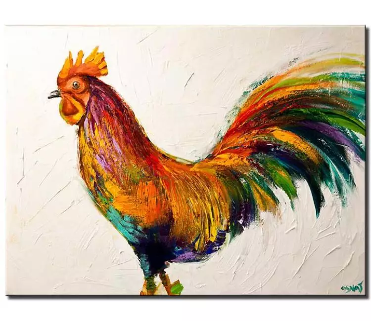 animals painting - colorful abstract rooster painting on canvas original textured modern acrylic chicken painting