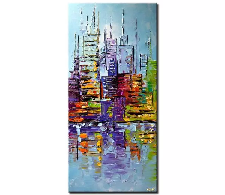 cityscape painting - vertical colorful city painting on canvas original textured abstract city art living room wall art modern decor