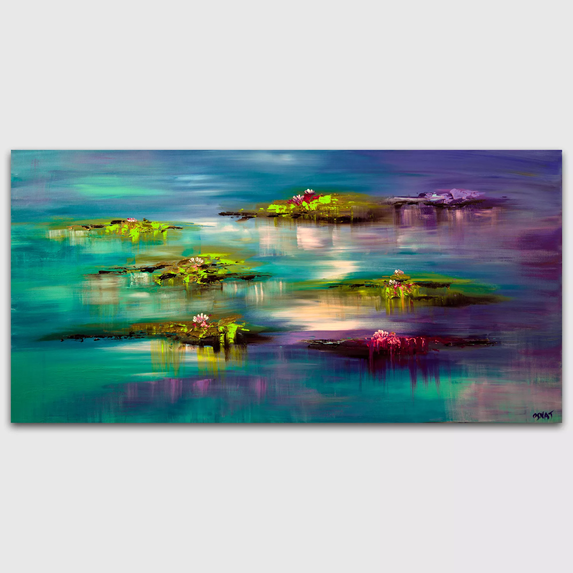 landscape paintings - Colorful Water lilies painting on canvas original abstract lily flowers painting textured living room modern home art