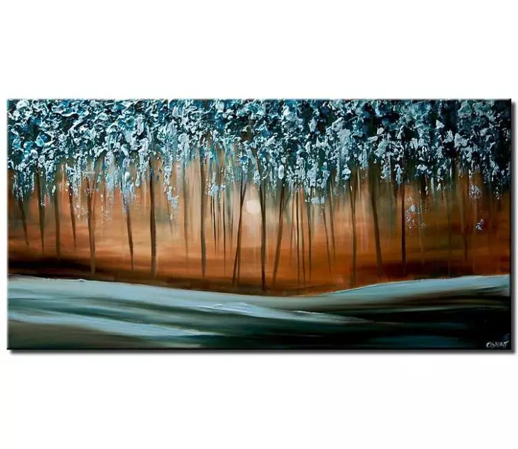 landscape paintings - original abstract forest painting on canvas textured teal light blue trees painting modern landscape art