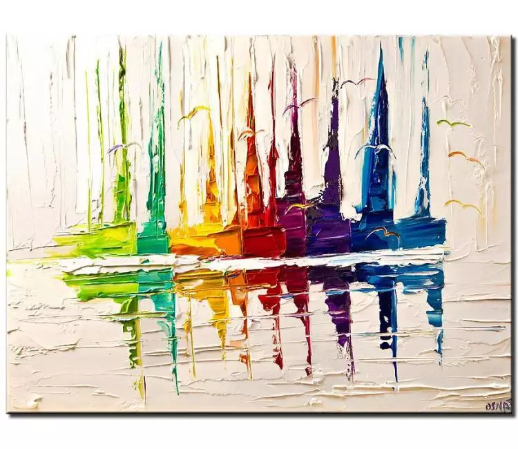 sailboats painting - Colorful Sailboats painting on canvas original textured abstract boats painting modern art