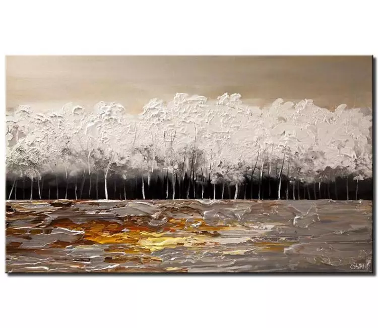landscape paintings - white silver gold forest painting on canvas original textured abstract landscape art in winter minimalist trees painting
