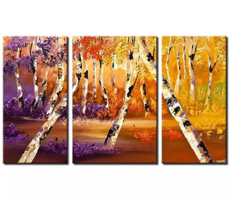 landscape paintings - original large canvas white birch trees painting purple orange yellow abstract landscape art textured birch tree forest art