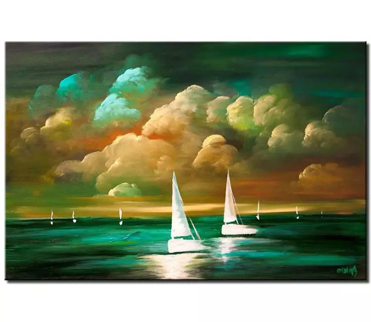 sailboats painting - Green abstract seascape painting on canvas original sailboats painting modern ocean painting