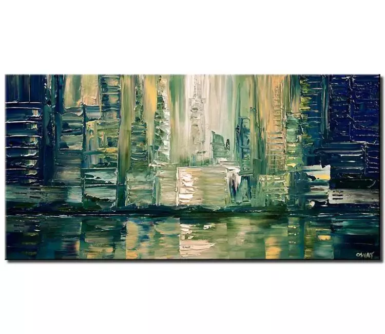 cityscape painting - blue green city art on canvas original textured acrylic painting modern abstract art living room office art