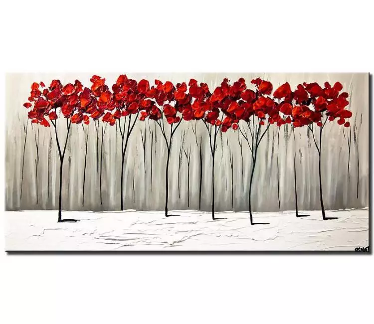 forest painting - red white minimalist abstract trees painting on canvas original modern art for living room home and office