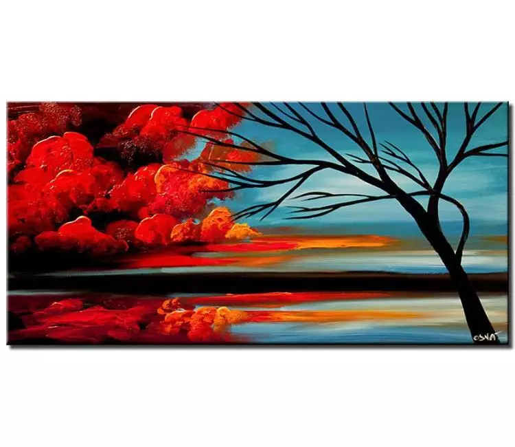 landscape paintings - blue red abstract landscape art on canvas stormy sky art original tree painting modern art