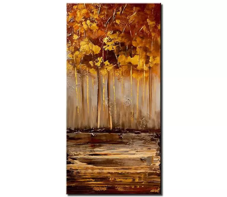forest painting - vertical forest painting on canvas original gold gray trees painting textured modern art