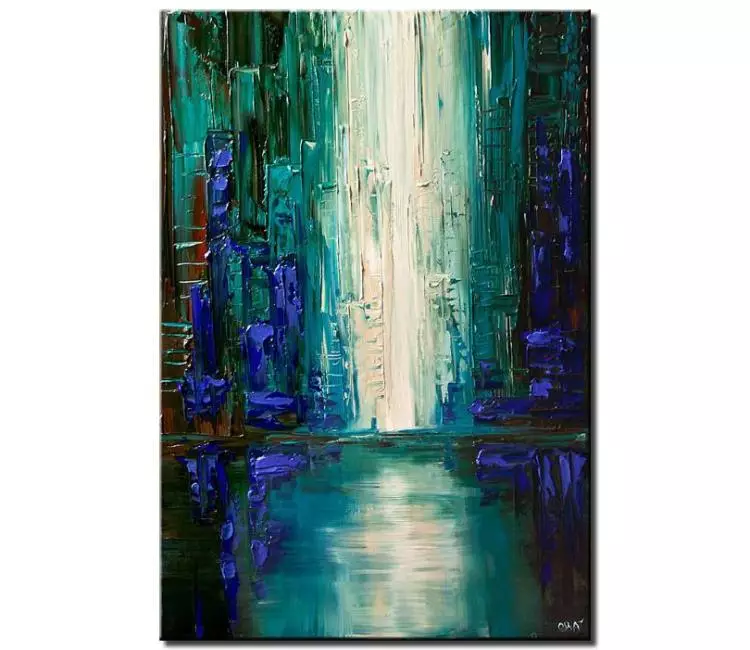 cityscape painting - teal blue city painting on canvas original vertical abstract city art minimalist modern textured painting