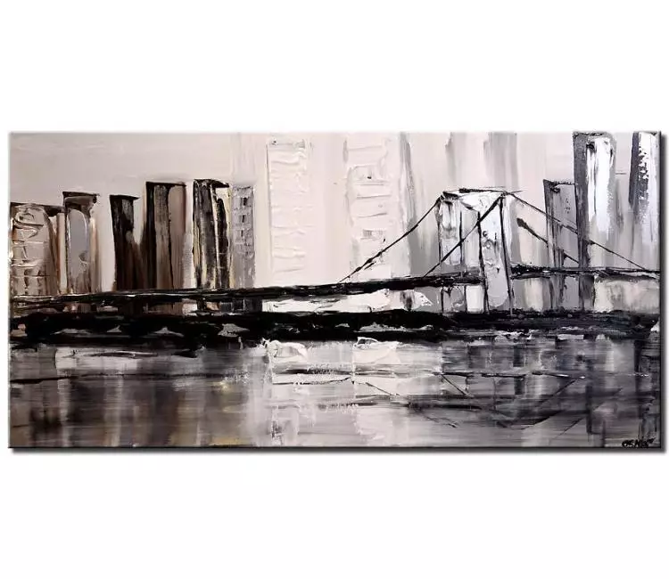 cityscape painting - minimalist abstract city art on canvas original textured black white bridge painting modern living room office art