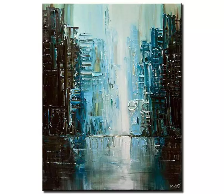 cityscape painting - original city art on canvas textured minimalist city painting teal blue abstract art modern art