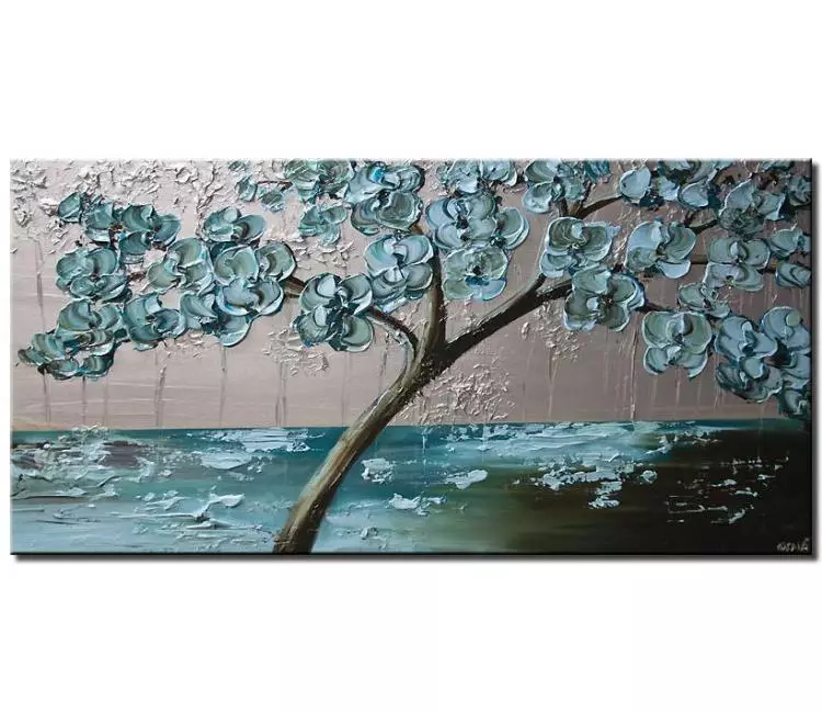 forest painting - light blue silver blooming tree painting on canvas original textured minimalist big modern abstract tree art for living room