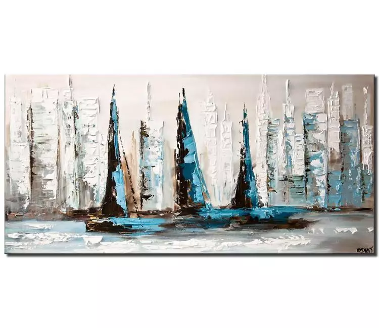 sailboats painting - sailboats painting on canvas original textured boat painting minimalist abstract cityscape painting white light blue grey living room wall art