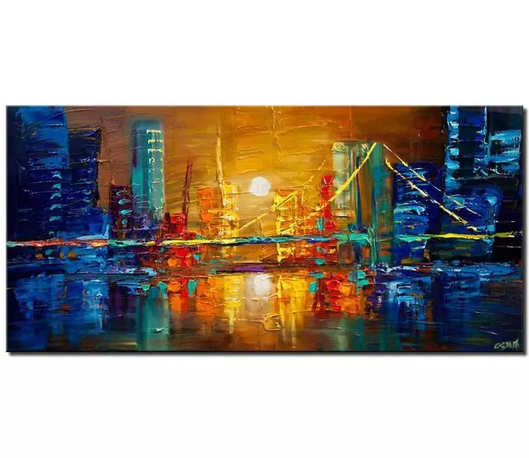 cityscape painting - colorful city bridge painting on canvas original city art textured abstract painting modern living room art