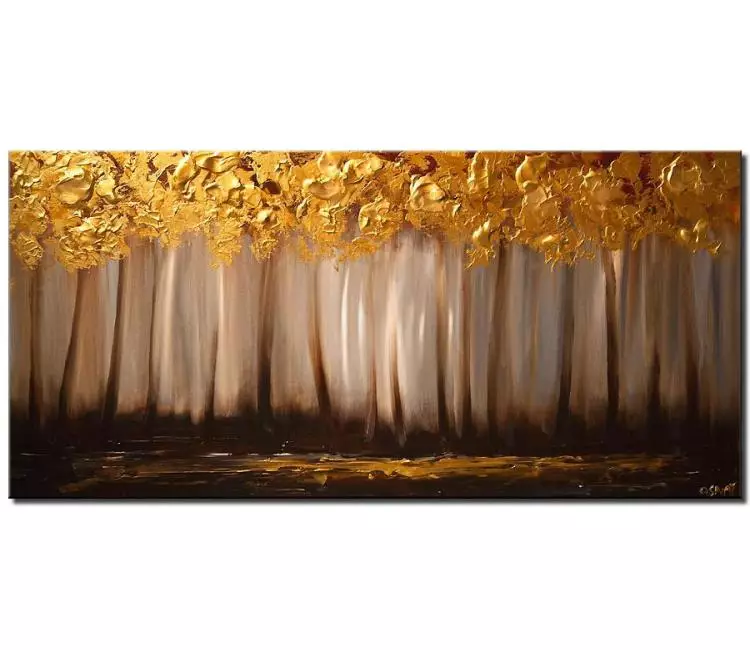 landscape paintings - gold gray trees painting on canvas minimalist abstract forest painting original modern living room wall art