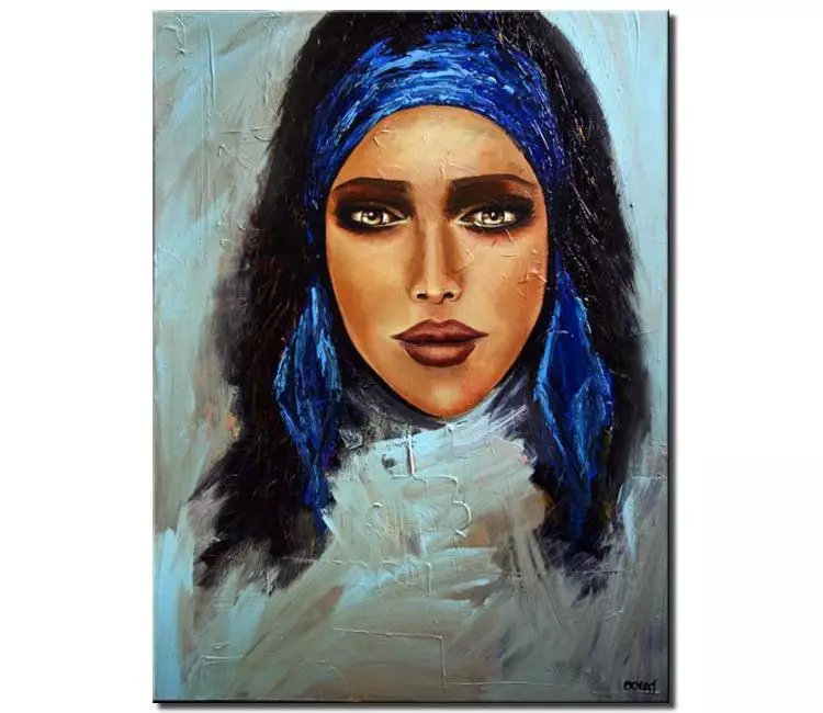 print on canvas - canvas print of painting of amazingly beautiful woman face with blue ribbon