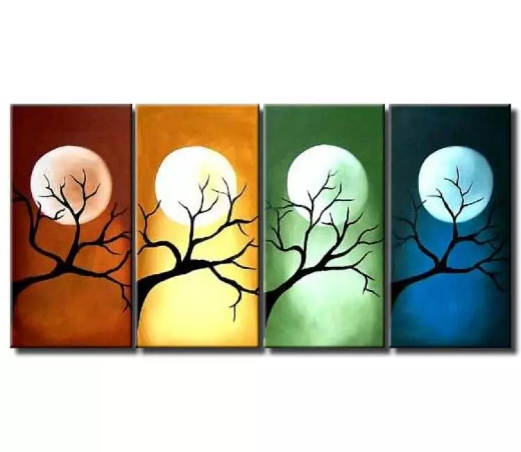 landscape paintings - multi panel modern abstract moon tree painting on canvas in earth tone colors blue green yellow rust