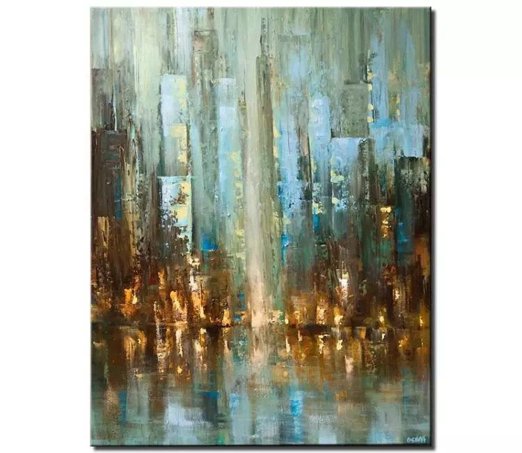 cityscape painting - light blue hand made abstract city painting on canvas textured city art vertical modern palette knife art