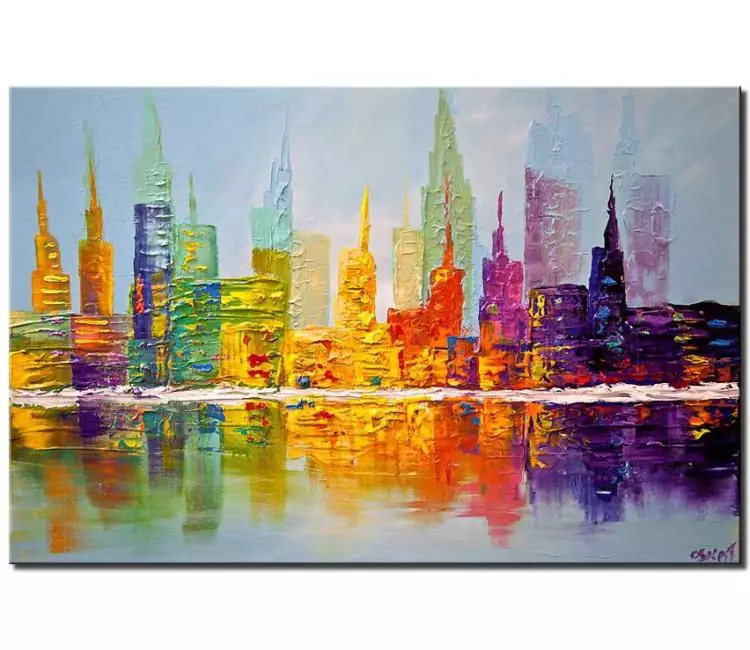 cityscape painting - colorful abstract city painting on canvas for living room multicolor original textured city art modern art