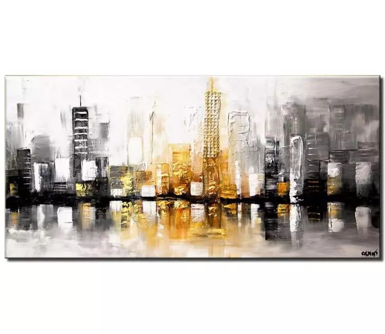 cityscape painting - minimalist original city painting on canvas original textured city art for living room white black wall art