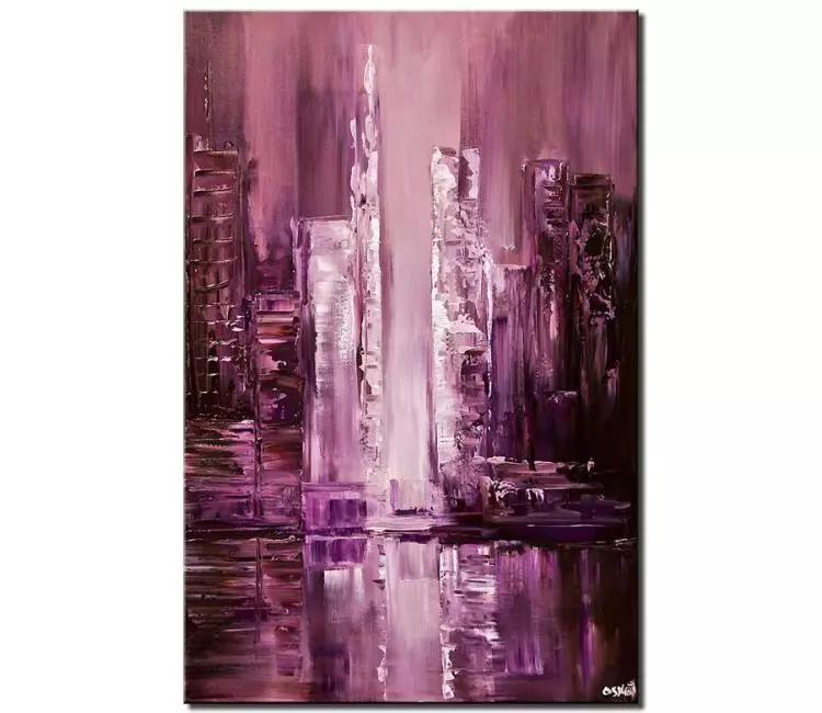cityscape painting - vertical purple abstract cityscape painting on canvas original textured city art contemporary art