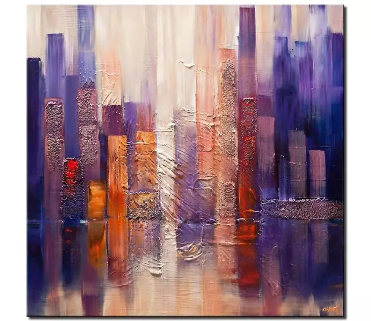 cityscape painting - purple abstract painting on canvas square original textured painting modern art