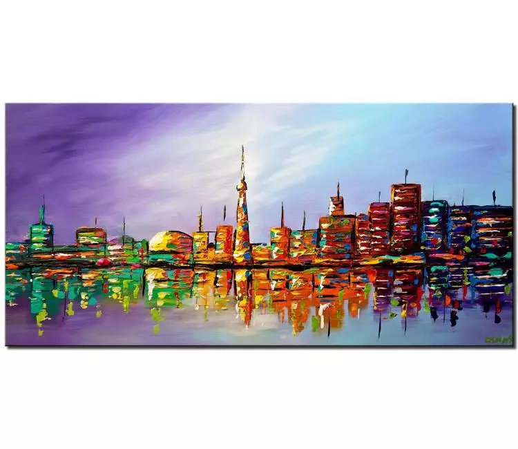 cityscape painting - modern colorful Toronto city painting on canvas original textured painting