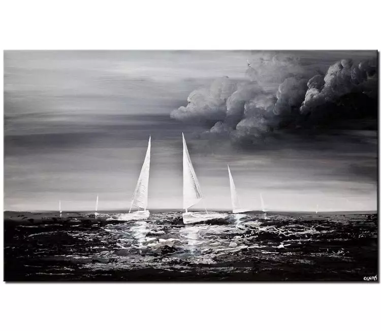 sailboats painting - minimalist seascape painting original abstract sailboat painting on canvas black white textured modern ocean painting