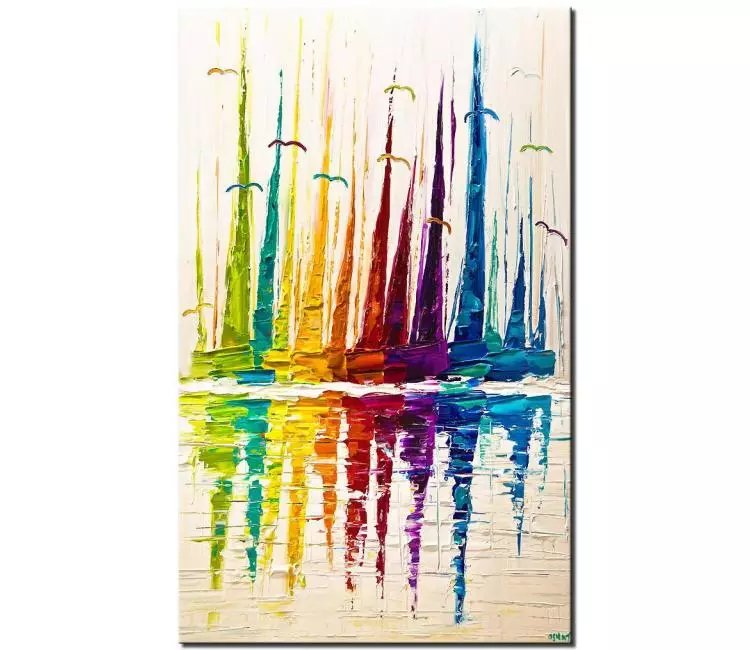 sailboats painting - colorful sailboats painting on canvas textured abstract boat painting modern palette knife art
