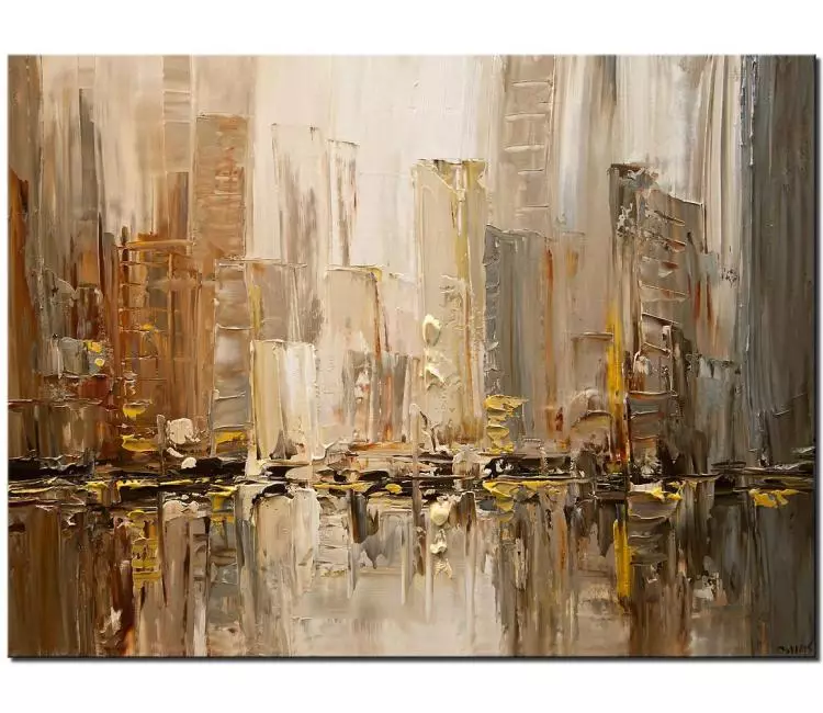 cityscape painting - earth tones city painting on canvas original neutral city art textured gold silver rust abstract art modern living room wall art