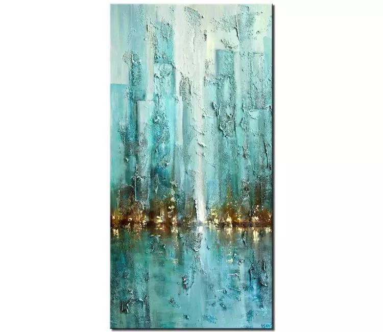 cityscape painting - vertical blue city painting on canvas original textured abstract cityscape painting modern living room wall art