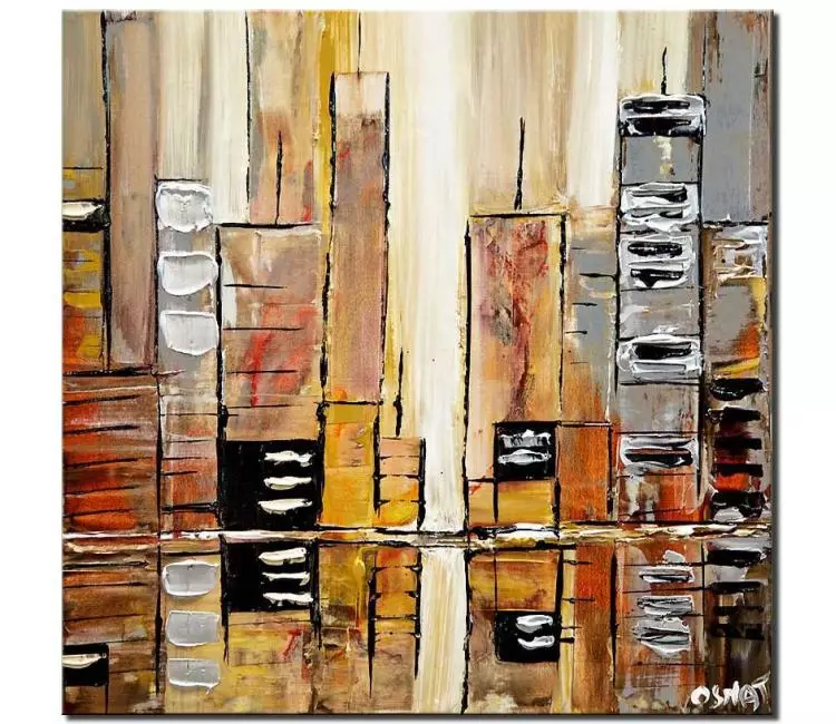 cityscape painting - abstract city painting on canvas earth tones colors square original painting for living room and office