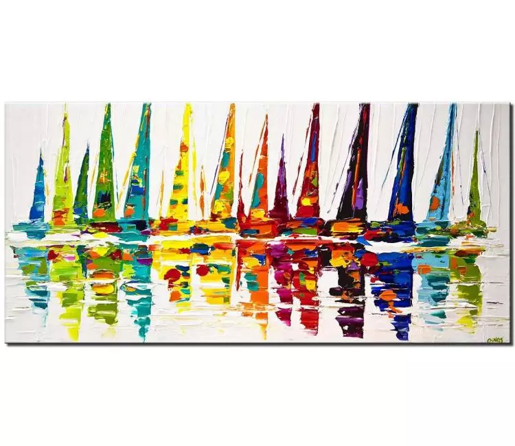 sailboats painting - colorful sailboat painting on canvas modern textured boat painting original 3d art for modern living room