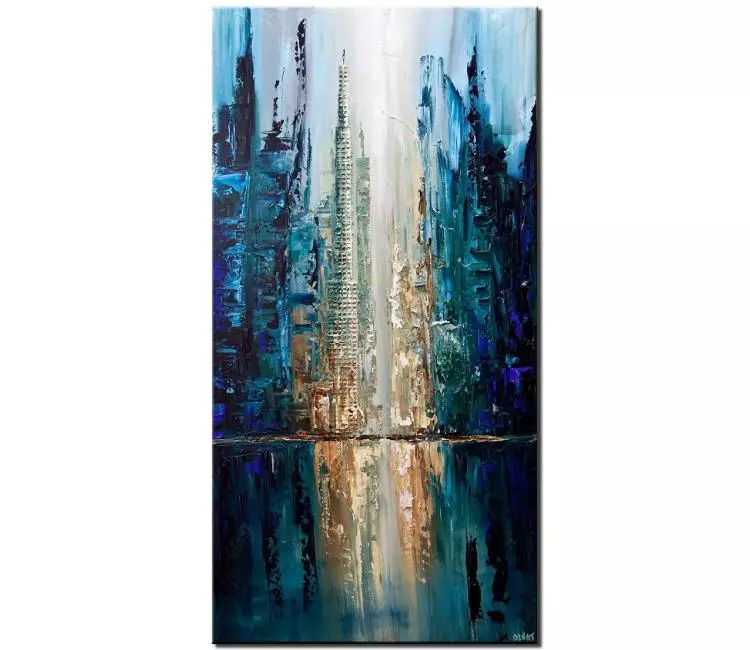 cityscape painting - original blue abstract painting on canvas textured blue city painting modern city art for living room