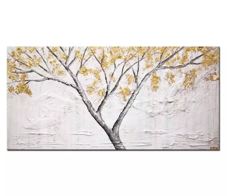 forest painting - gold white minimalist tree abstract art canvas painting modern textured tree art