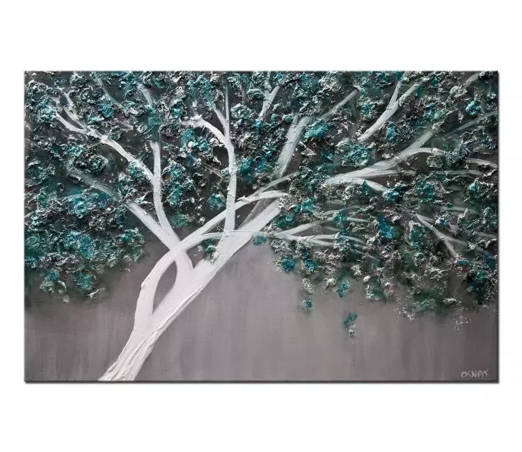 forest painting - original blooming tree painting on canvas minimalist teal wall art modern decor