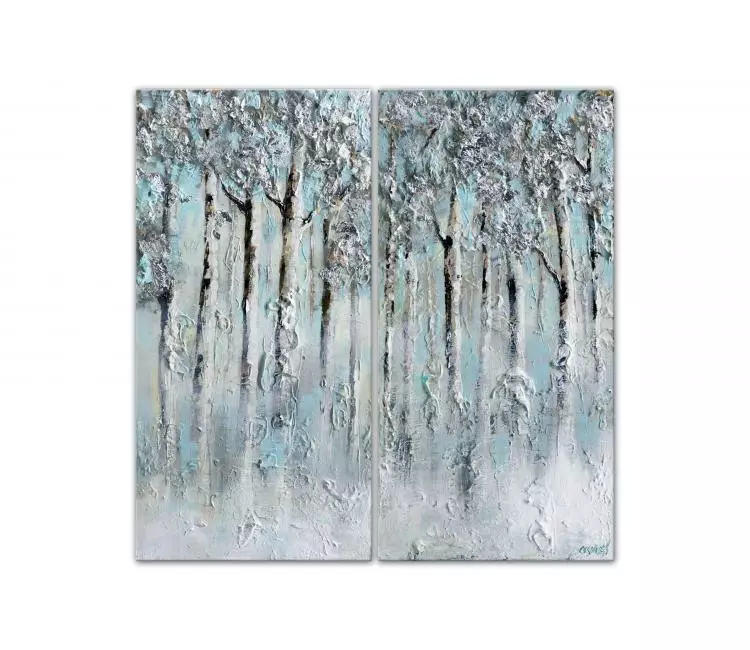 landscape paintings - minimalist birch trees painting on canvas textured silver trees art modern decor