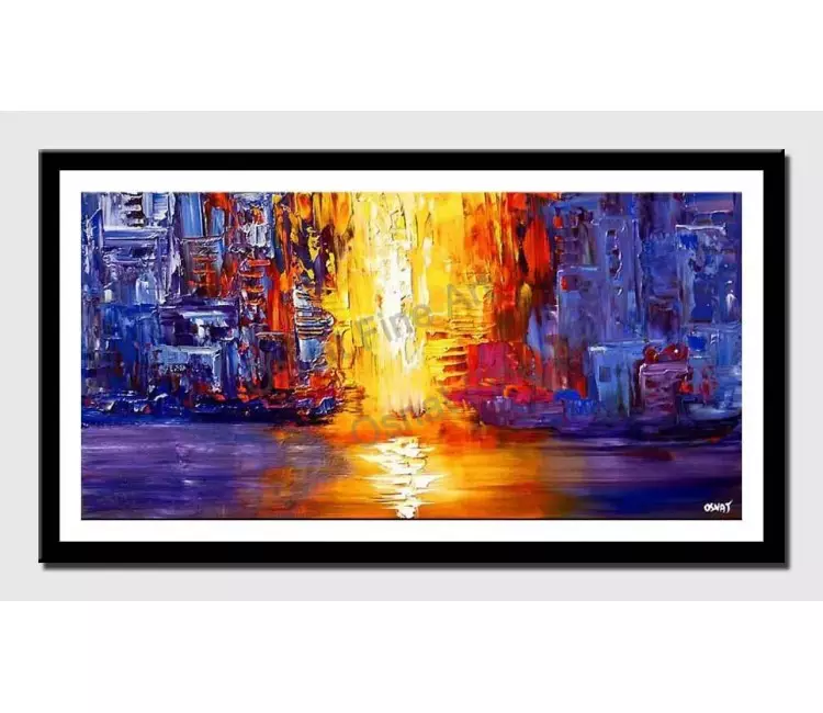 print on paper - canvas print of abstract passage painting in blue yellow and red tones