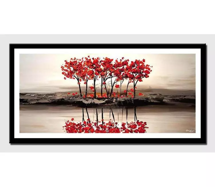 print on paper - canvas print of red blooming trees on white textured wall art by osnat tzadok