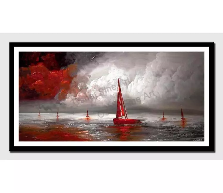 print on paper - canvas print of red sail boat seascape painting modern palette knife