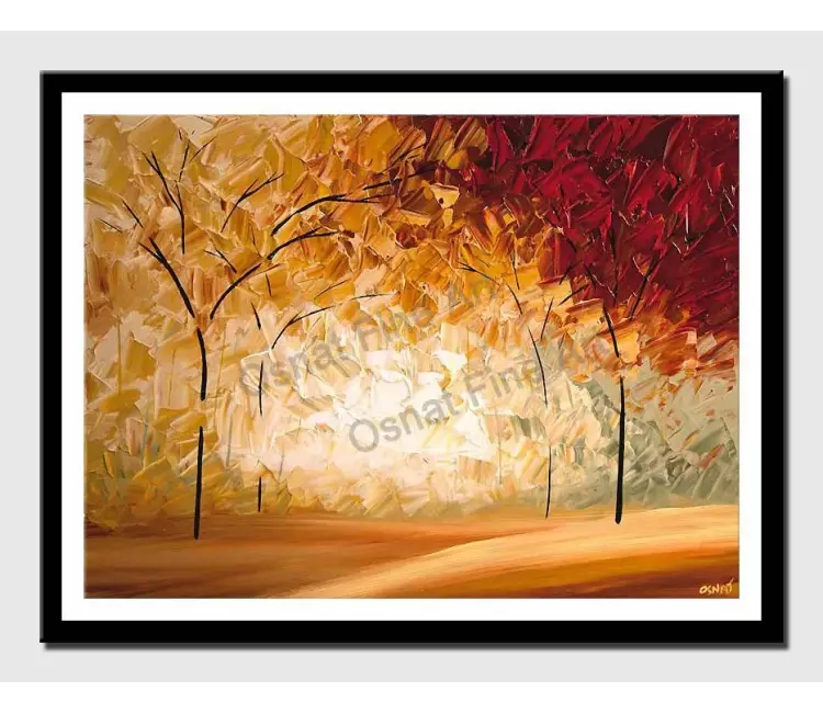 print on paper - canvas print of warm tones wall art by osnat tzadok blooming forest trees palette knife