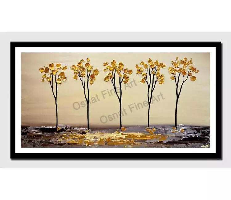 print on paper - canvas print of golden blooming trees on silver art by osnat tzadok textured