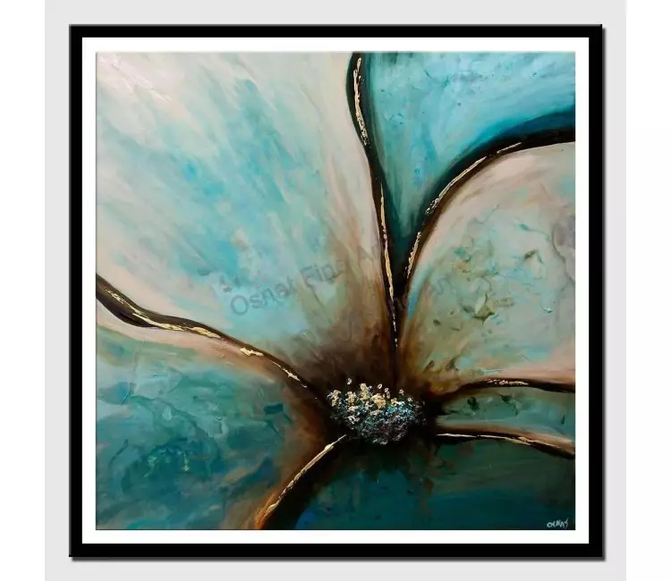 print on paper - canvas print of teal flower painting textured art by osnat tzadok