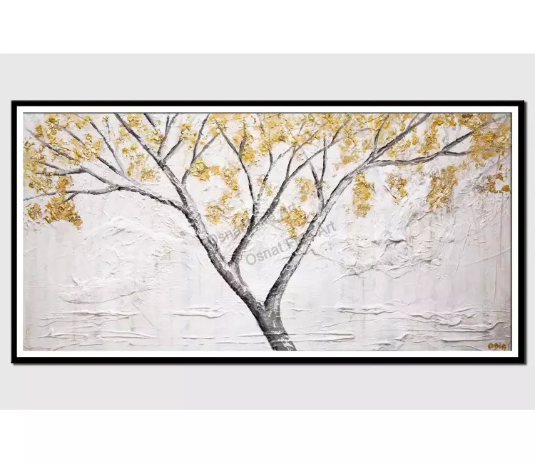 print on paper - canvas print of abstract textured gold blooming trees white painting