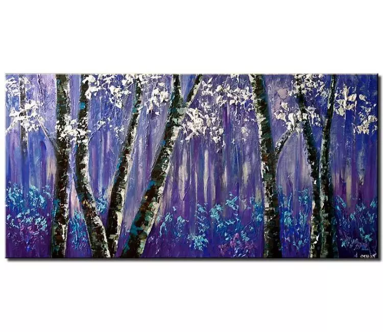 forest painting - magical forest painting on canvas purple blue abstract trees painting textured enchanted forest modern palette knife