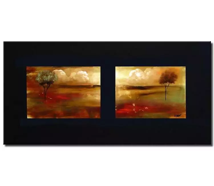 Landscape painting - red blooming trees on white textured landscape ...